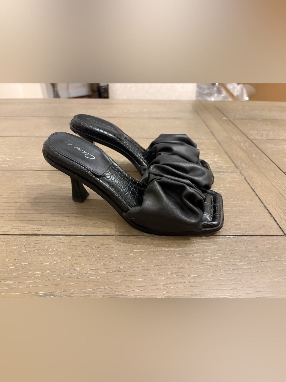 Circus Sam Edelman Black Ruched Slide Heels with Croc-Textured Footbed